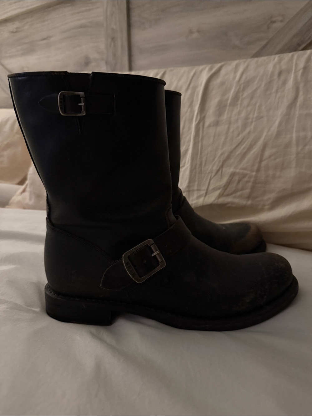 FRYE women’s Black Leather Engineer Boots with Buckle Details